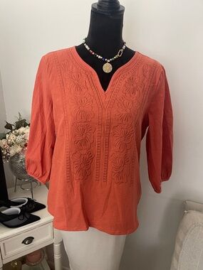Coral Orange Women's Embroidered V-Neck Peasant Top